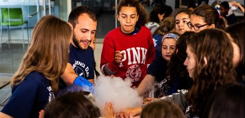 Students helping a volunteer make liquid nitrogen ice cream